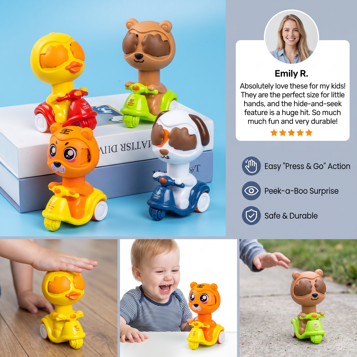 Press & Go Animal Motorcycle Toy – Cute Hide-and-Seek Character Car