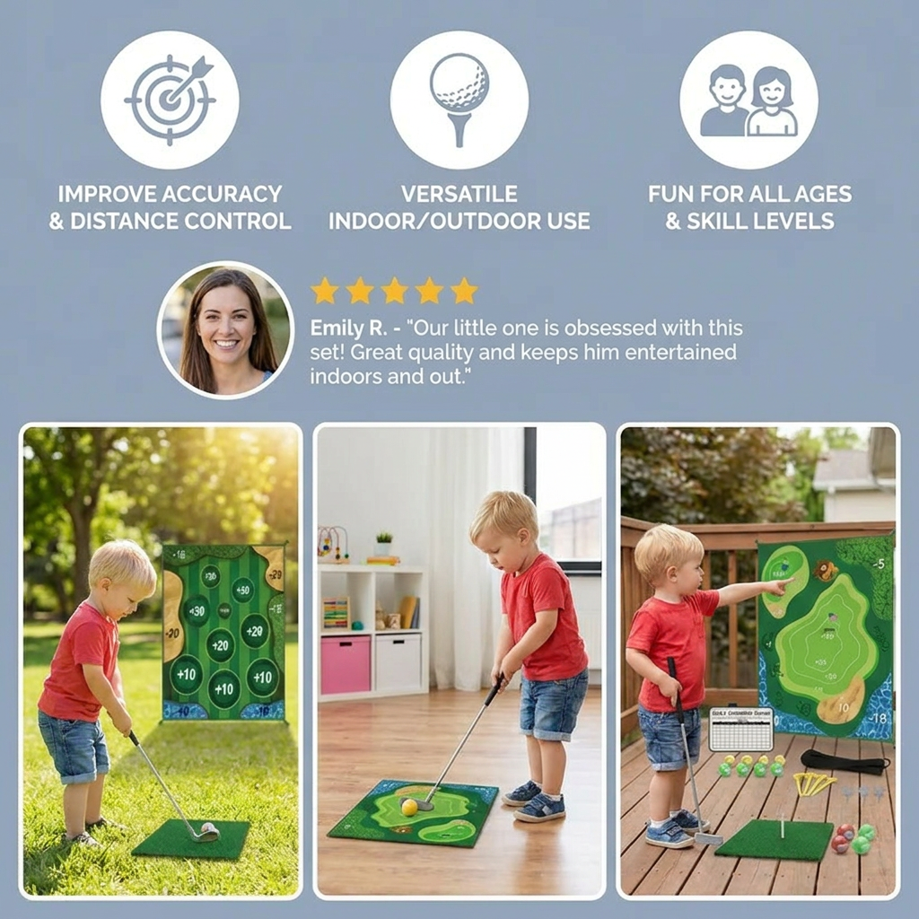 2in1 Golf Training & Play Set – Indoor & Outdoor Swing Mat with Target Wall & Club