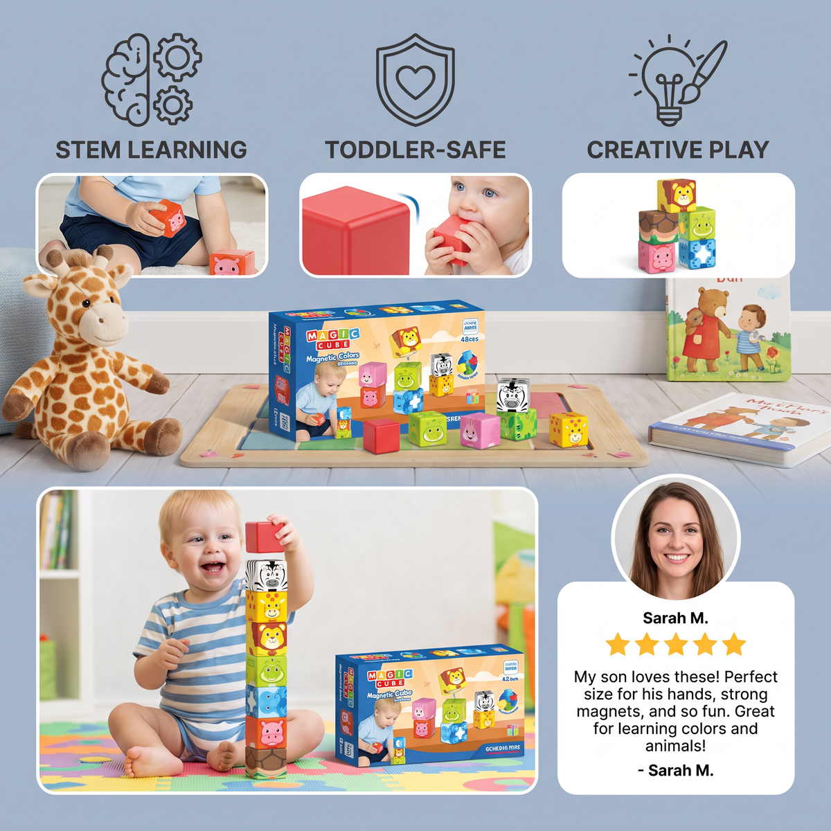 Toddler-Safe 4.2 cm Safari Animal Magnetic Building Cubes – STEM Learning Blocks