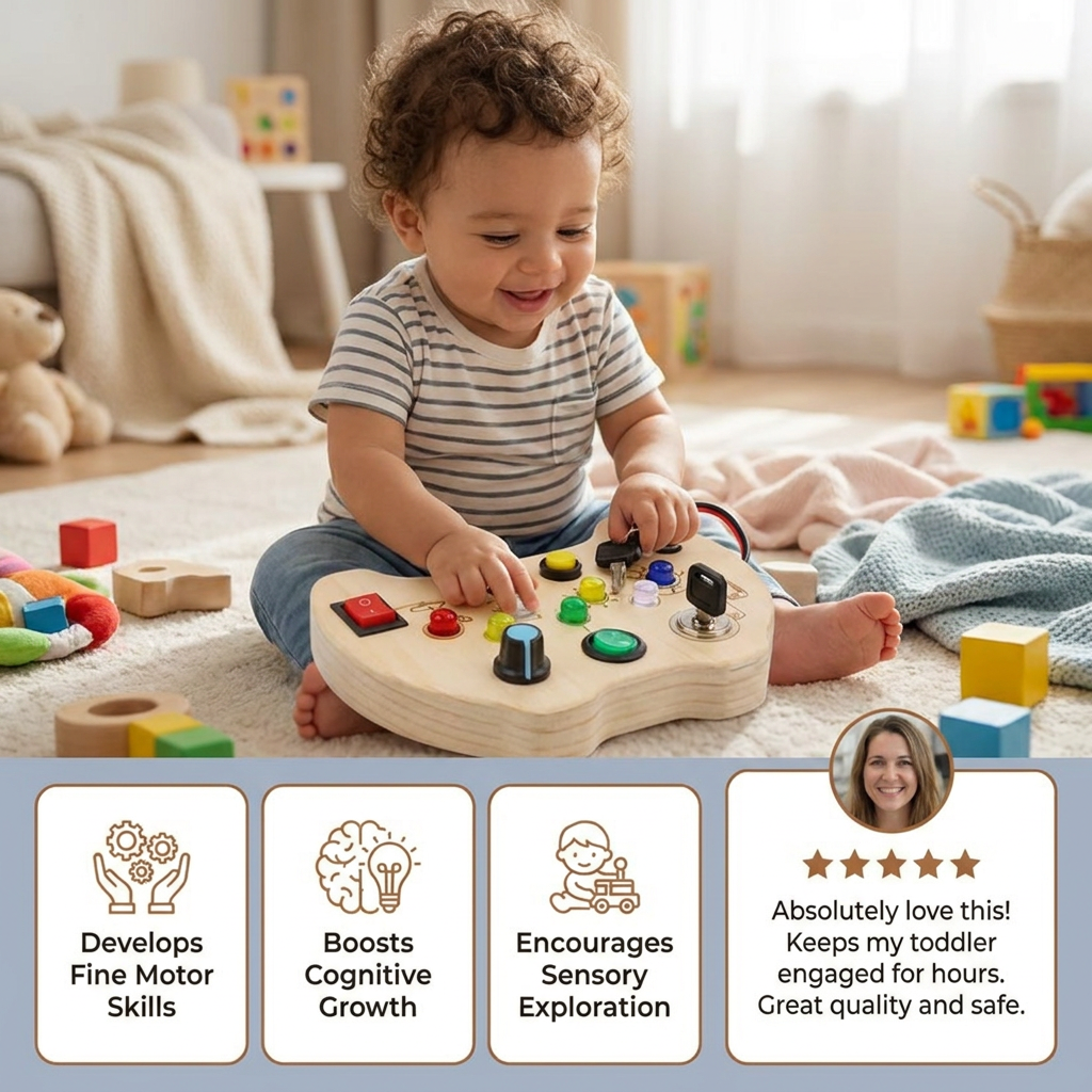 Wooden LED Busy Board Controller – Montessori Sensory Learning Toy for Motor Skills