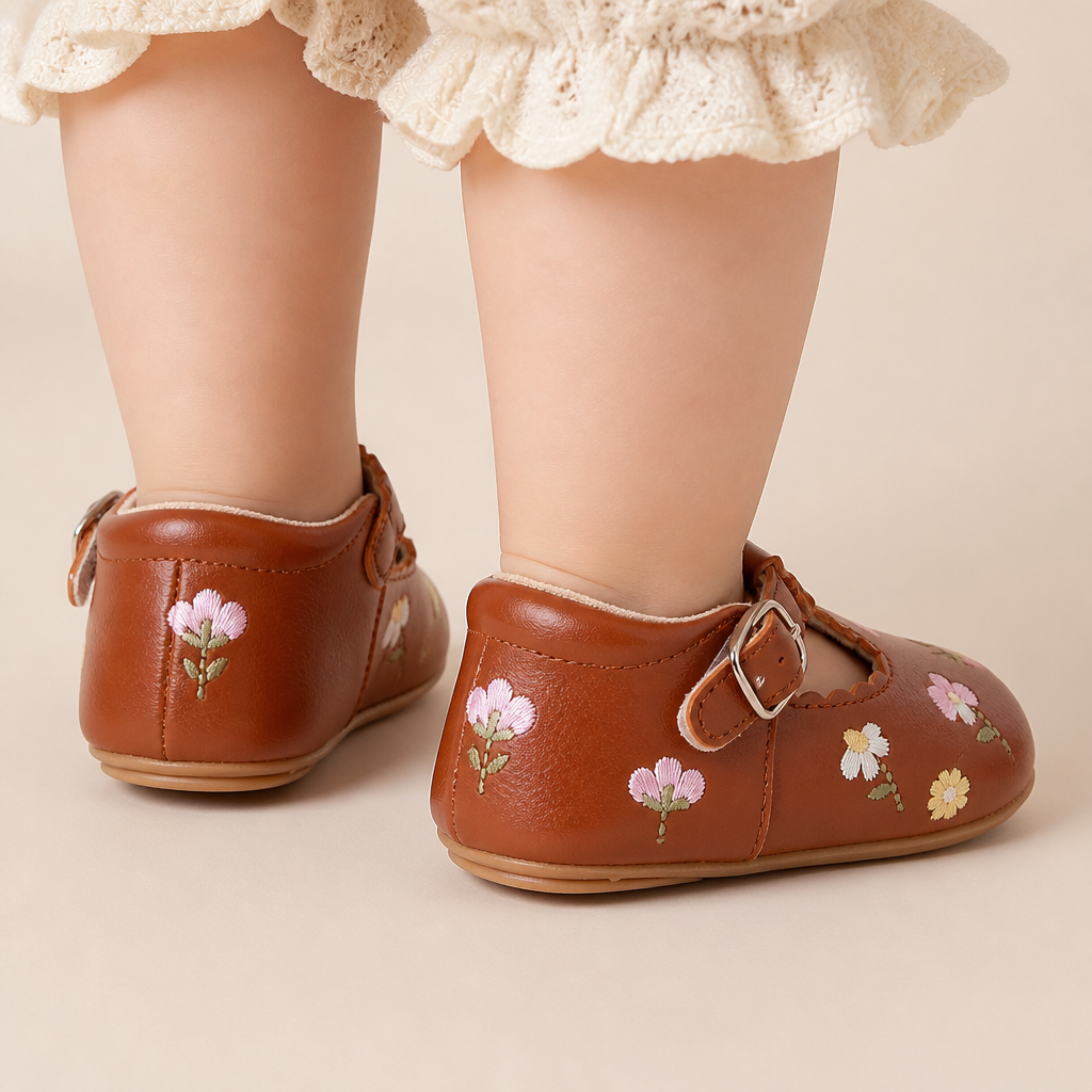 Floral Embroidered T-Strap Shoes