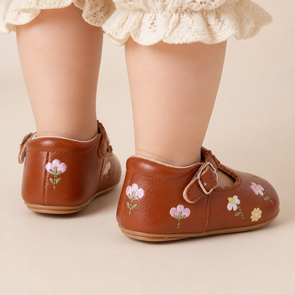 Floral Embroidered T-Strap Shoes