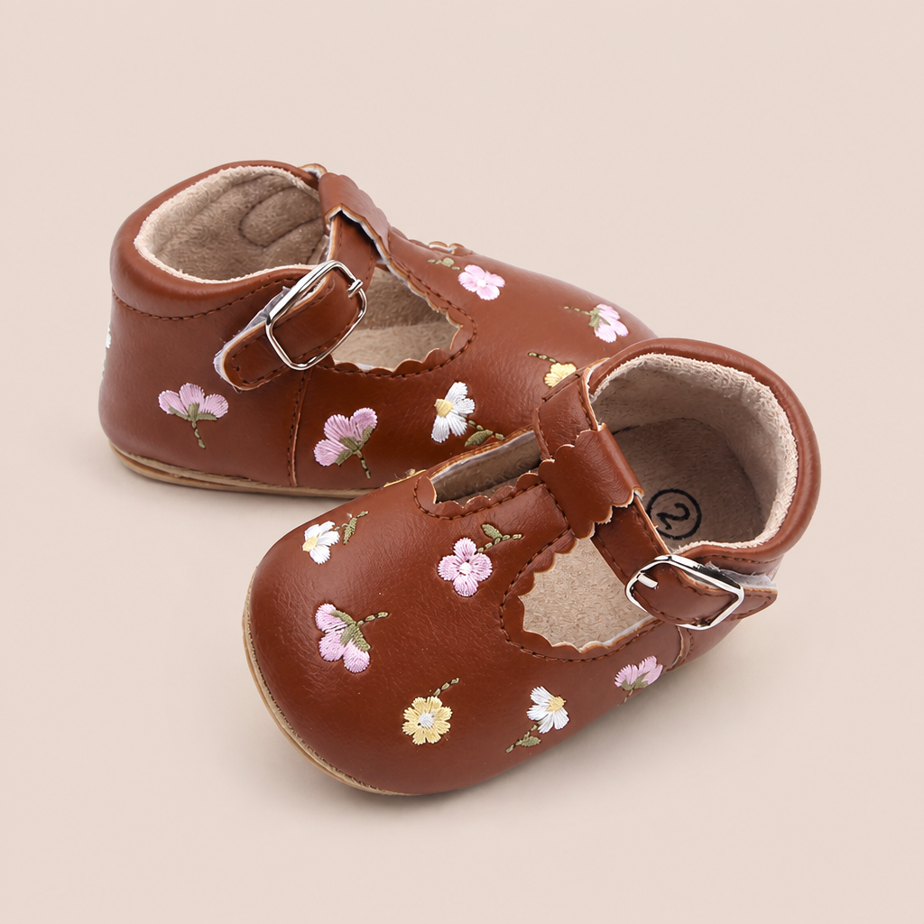 Floral Embroidered T-Strap Shoes