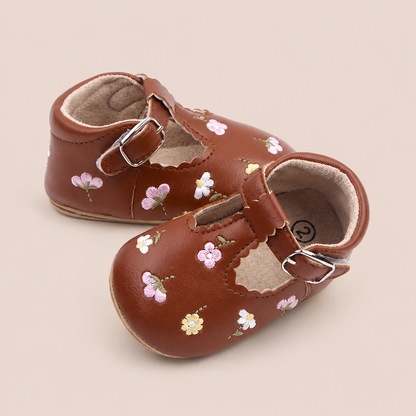 Floral Embroidered T-Strap Shoes
