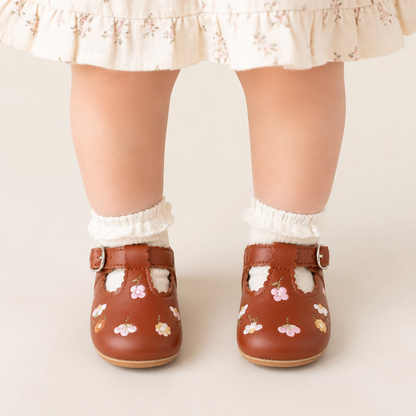 Floral Embroidered T-Strap Shoes