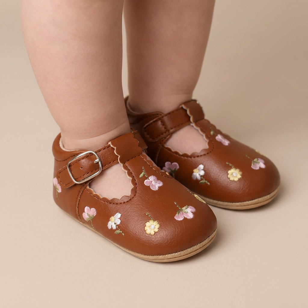Floral Embroidered T-Strap Shoes