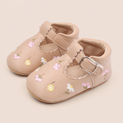 Floral Embroidered T-Strap Shoes