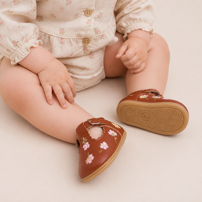 Floral Embroidered T-Strap Shoes