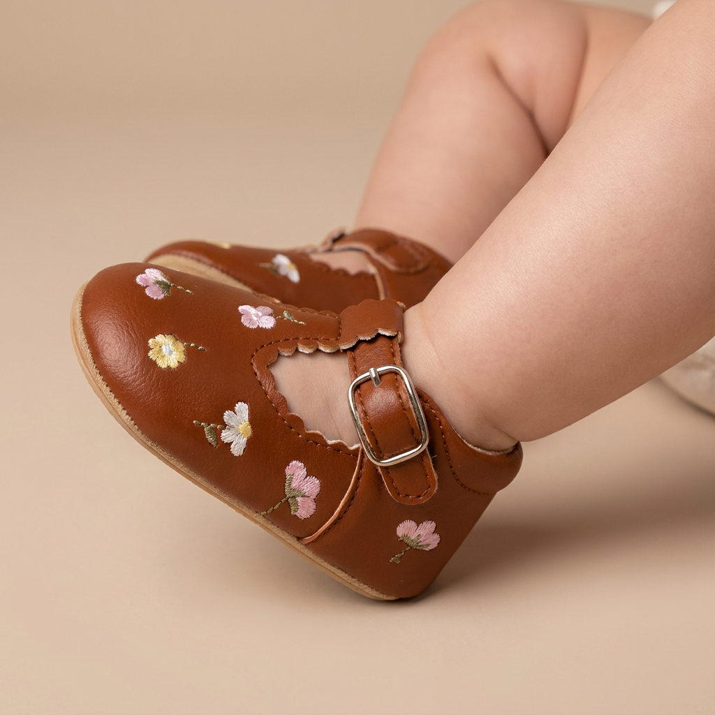 Floral Embroidered T-Strap Shoes