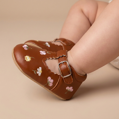 Floral Embroidered T-Strap Shoes