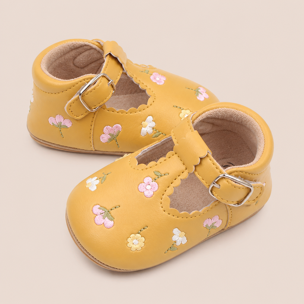 Floral Embroidered T-Strap Shoes