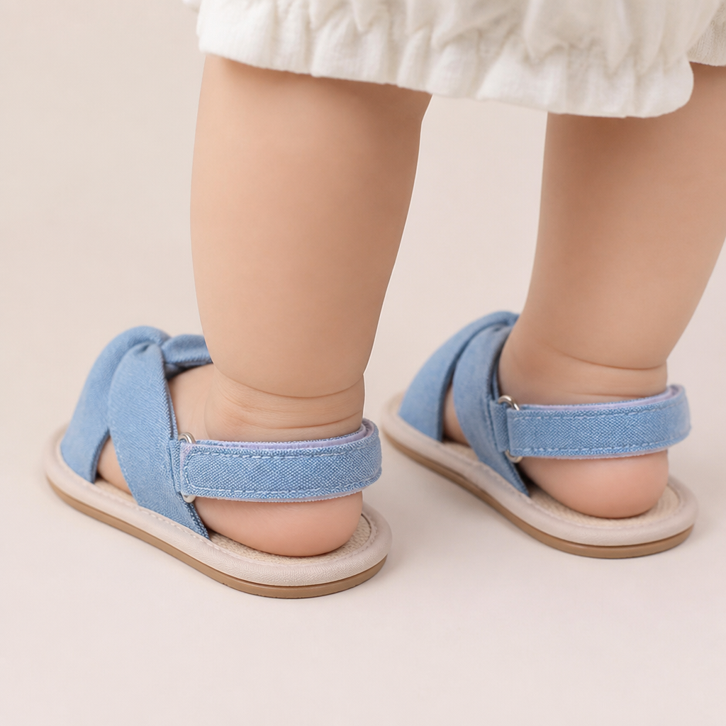 Denim Cross-Strap Bow Sandals