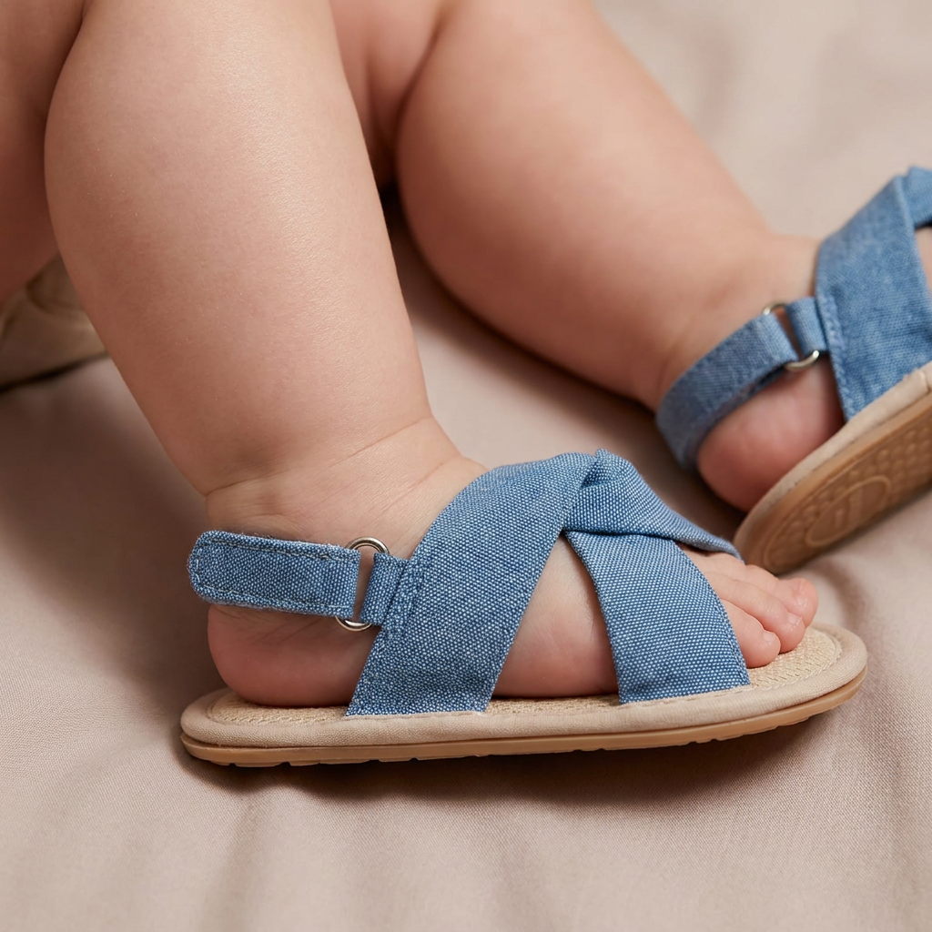 Denim Cross-Strap Bow Sandals