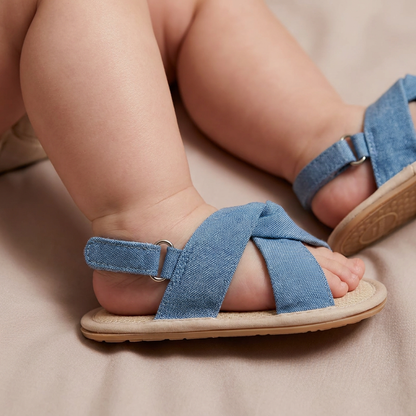 Denim Cross-Strap Bow Sandals