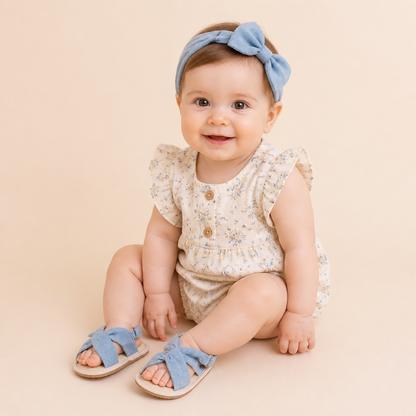 Denim Cross-Strap Bow Sandals
