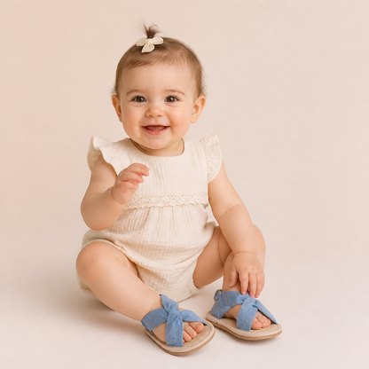 Denim Cross-Strap Bow Sandals