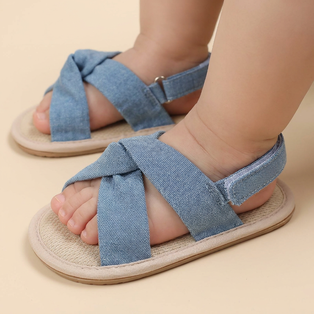 Denim Cross-Strap Bow Sandals