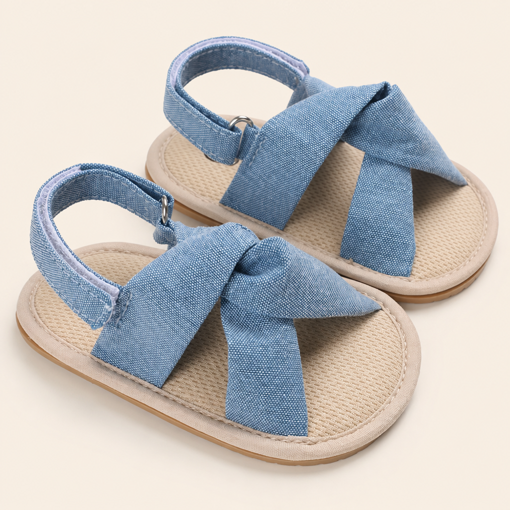 Denim Cross-Strap Bow Sandals