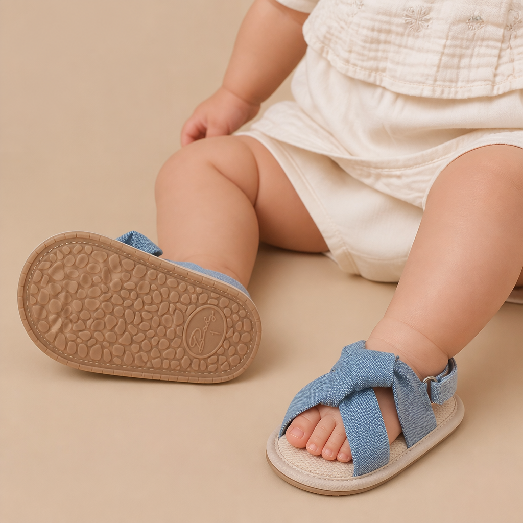 Denim Cross-Strap Bow Sandals