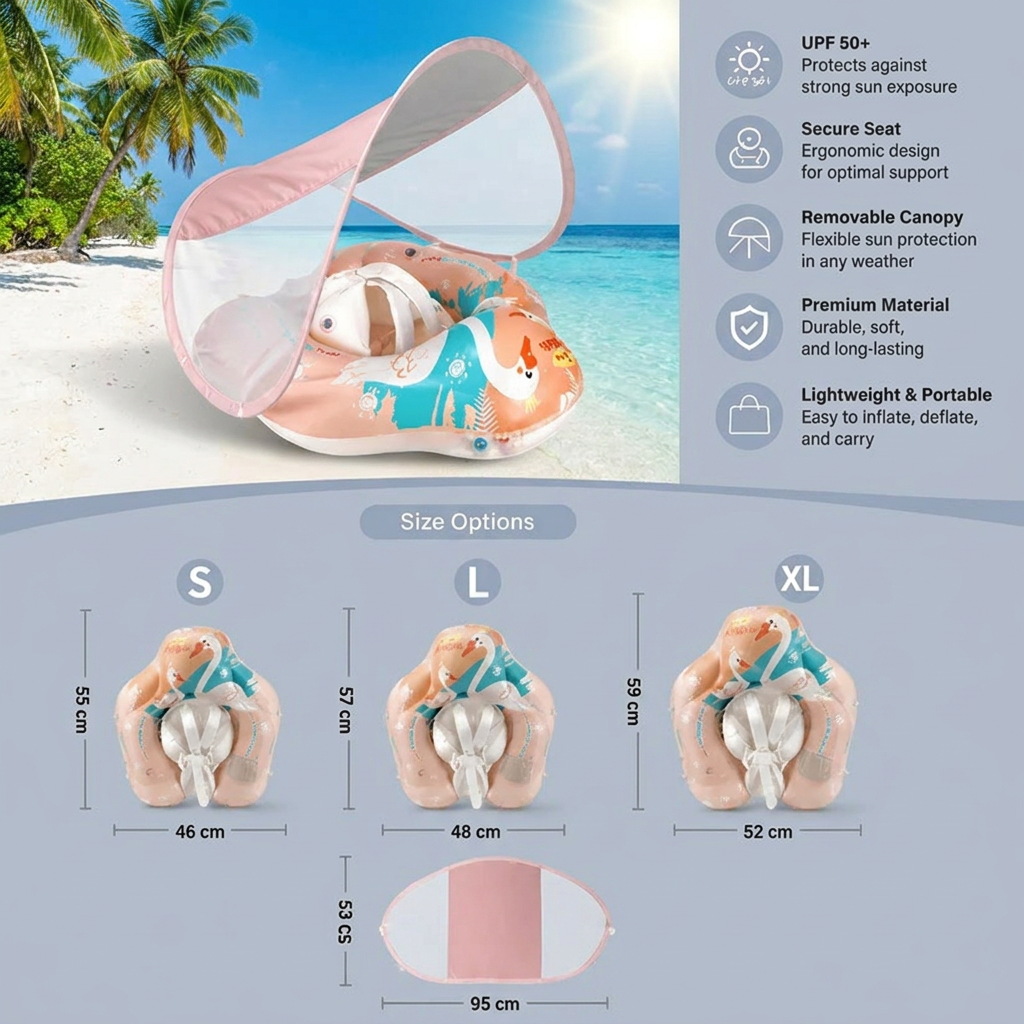 Swan Baby Swim Ring with Sun Canopy – Inflatable Safety Float Seat for Babies
