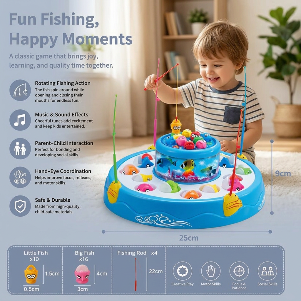 Electric Rotating Fishing Game Toy with Music and Colorful Fish
