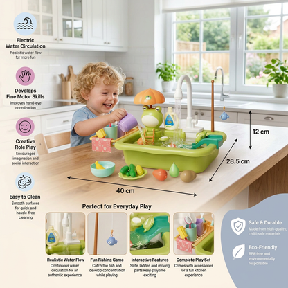 Kids Play Kitchen Sink Set with Running Water & Fishing Game