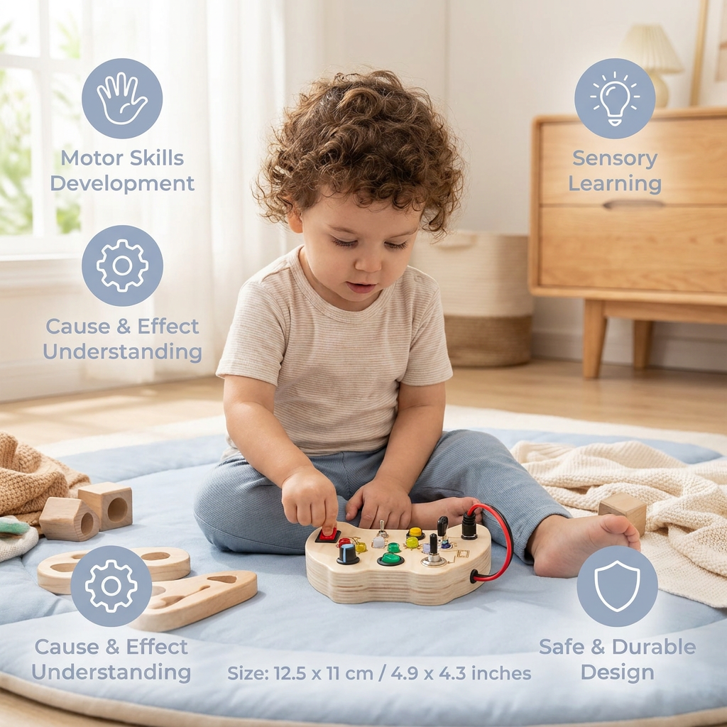 Wooden LED Busy Board Controller – Montessori Sensory Learning Toy for Motor Skills