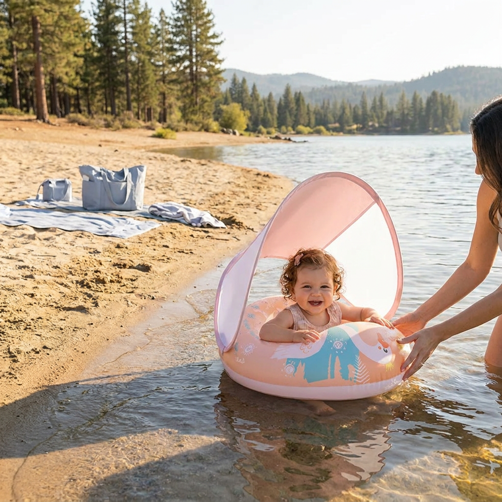 Swan Baby Swim Ring with Sun Canopy – Inflatable Safety Float Seat for Babies