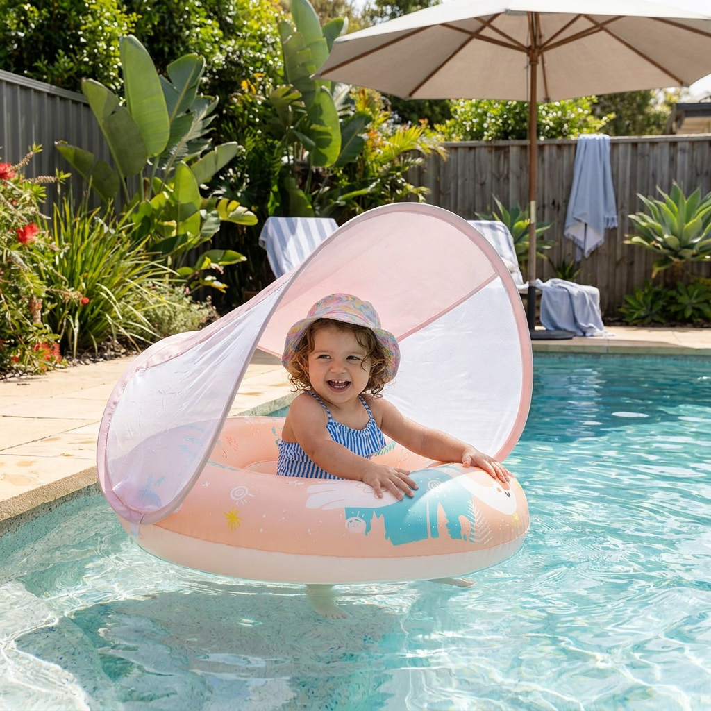 Swan Baby Swim Ring with Sun Canopy – Inflatable Safety Float Seat for Babies