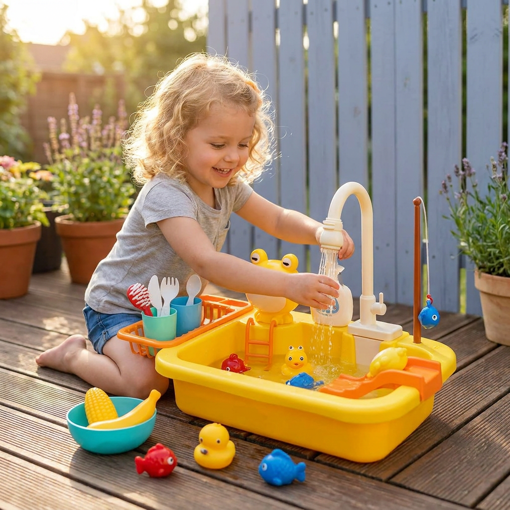 Kids Play Kitchen Sink Set with Running Water & Fishing Game